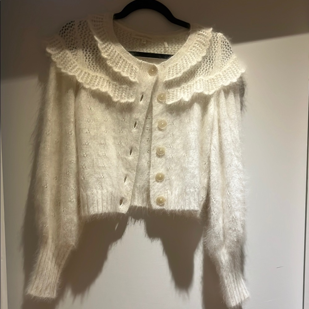 LoveShackFancy White Cardigan Sweater with Intricate Patterns